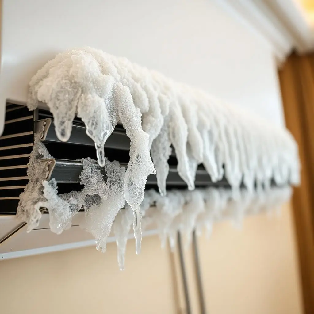 Indoor split AC evaporator coil coated in thick ice inside a Dubai apartment