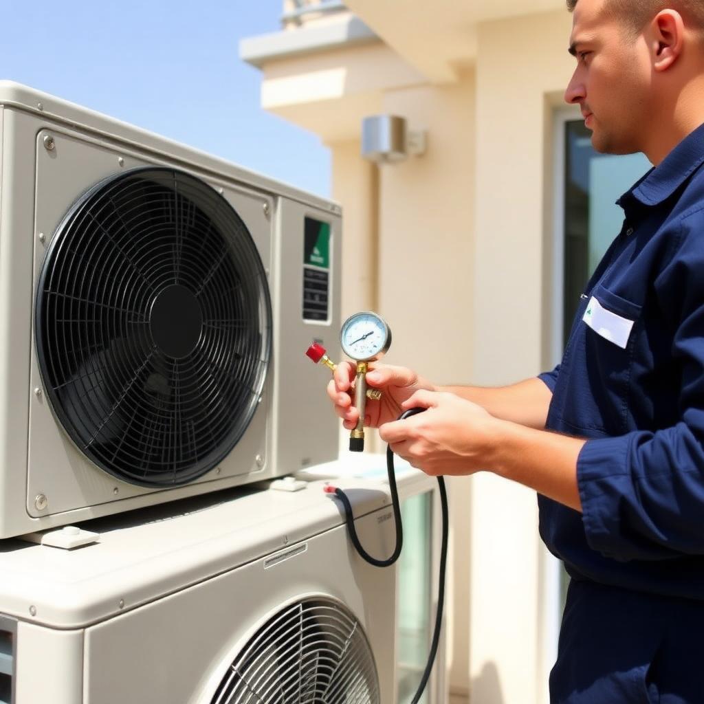 Dubai AC Repairs technician in navy uniform testing refrigerant pressure on an outdoor split AC unit
