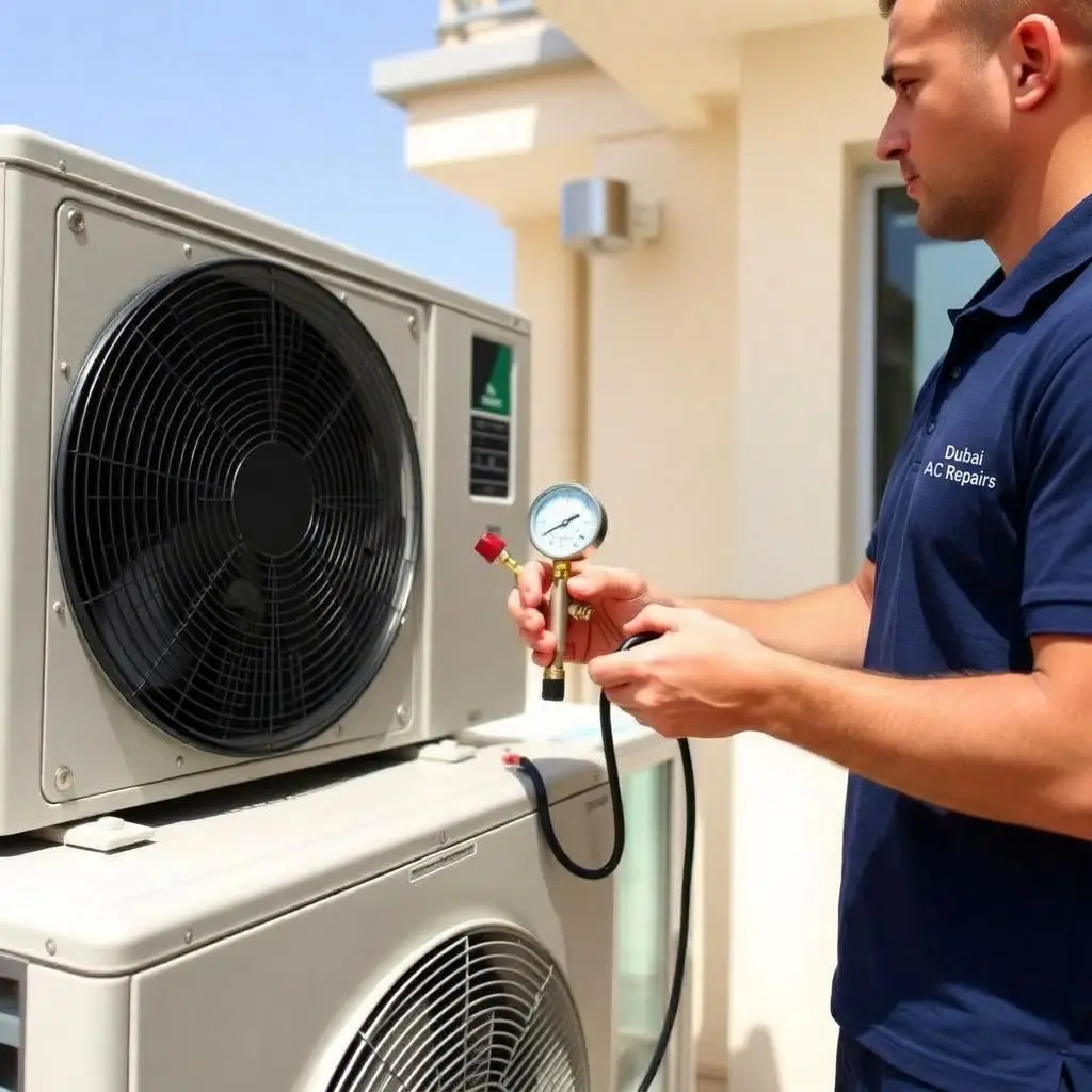 Dubai AC Repairs technician in navy uniform testing refrigerant pressure on an outdoor split AC unit