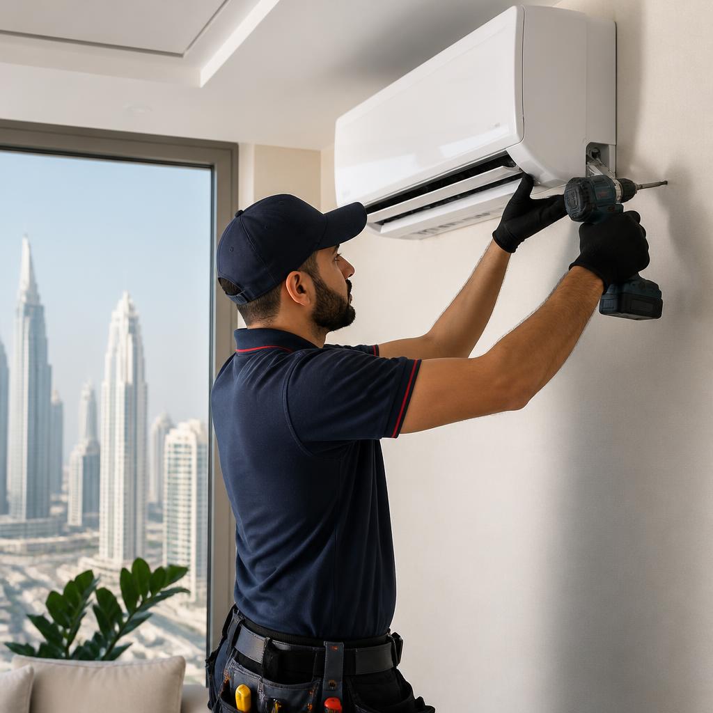 Certified HVAC installer mounting a new split AC indoor unit in a Dubai apartment