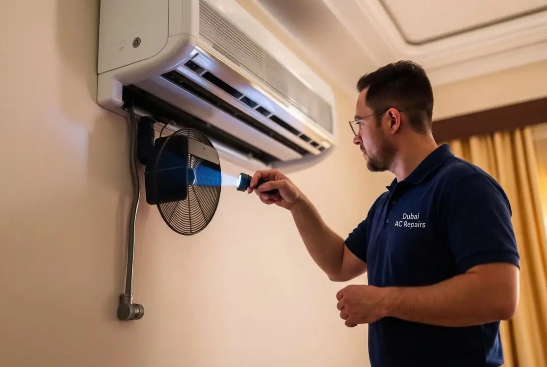 Dubai HVAC technician inspecting a split AC drain line with a flashlight