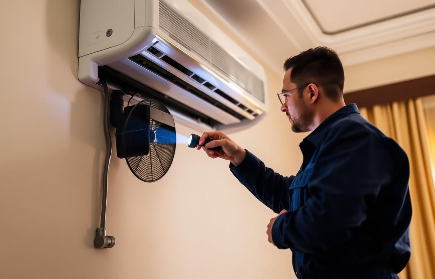 Dubai HVAC technician inspecting a split AC drain line with a flashlight