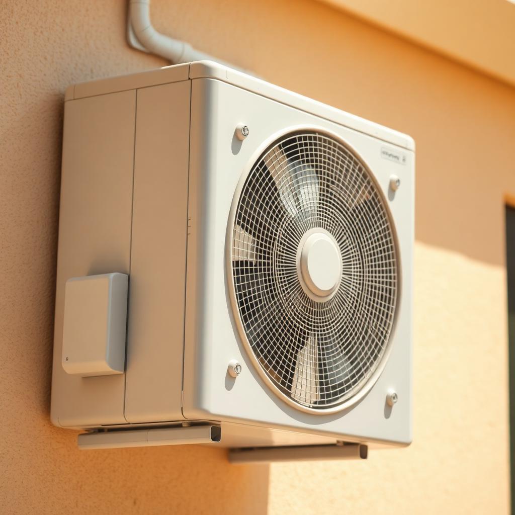 Outdoor split AC condenser unit vibrating on a Dubai villa wall in hot afternoon sun