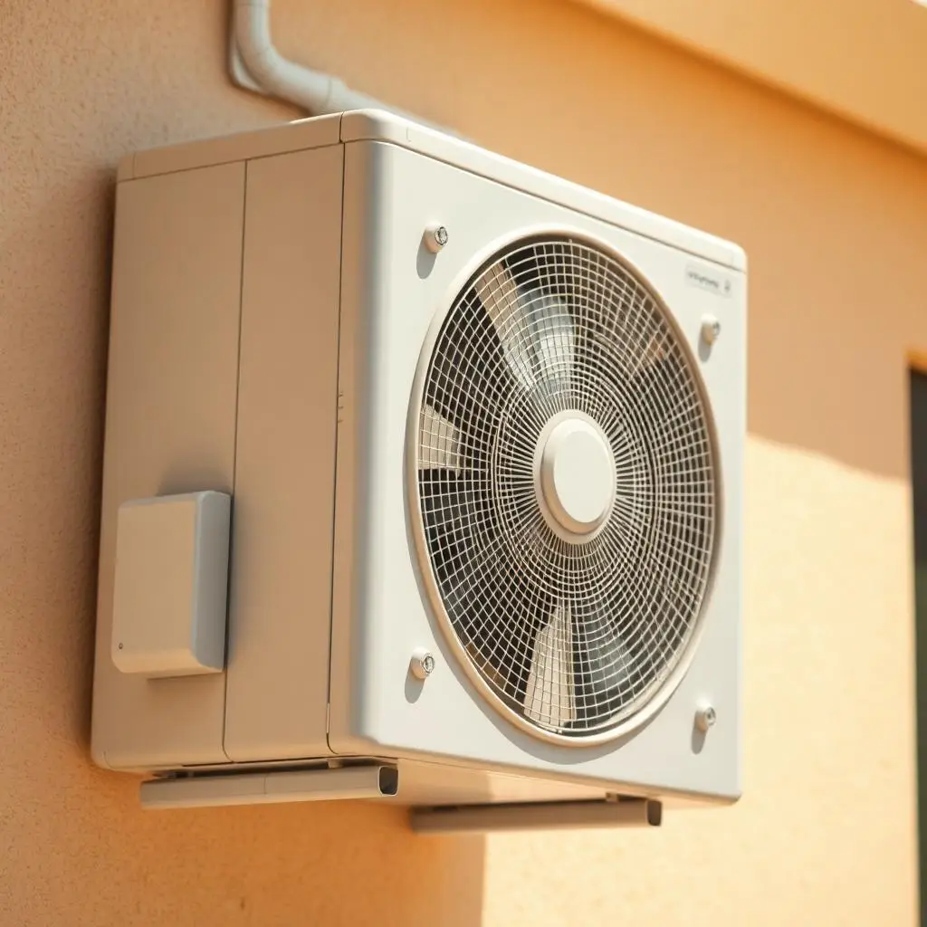 Outdoor split AC condenser unit vibrating on a Dubai villa wall in hot afternoon sun