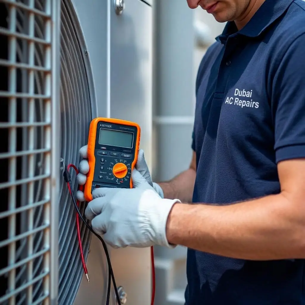 HVAC technician testing an outdoor AC capacitor with a multimeter in Dubai