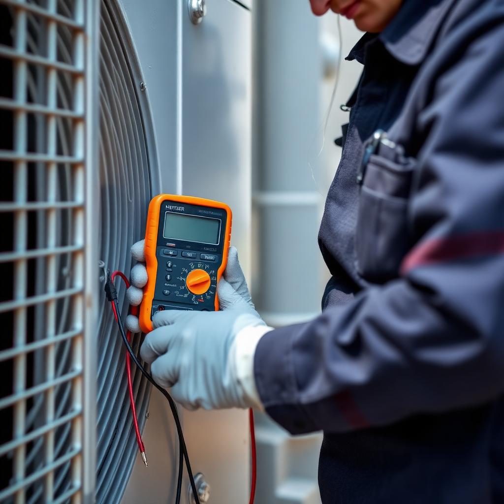 HVAC technician testing an outdoor AC capacitor with a multimeter in Dubai