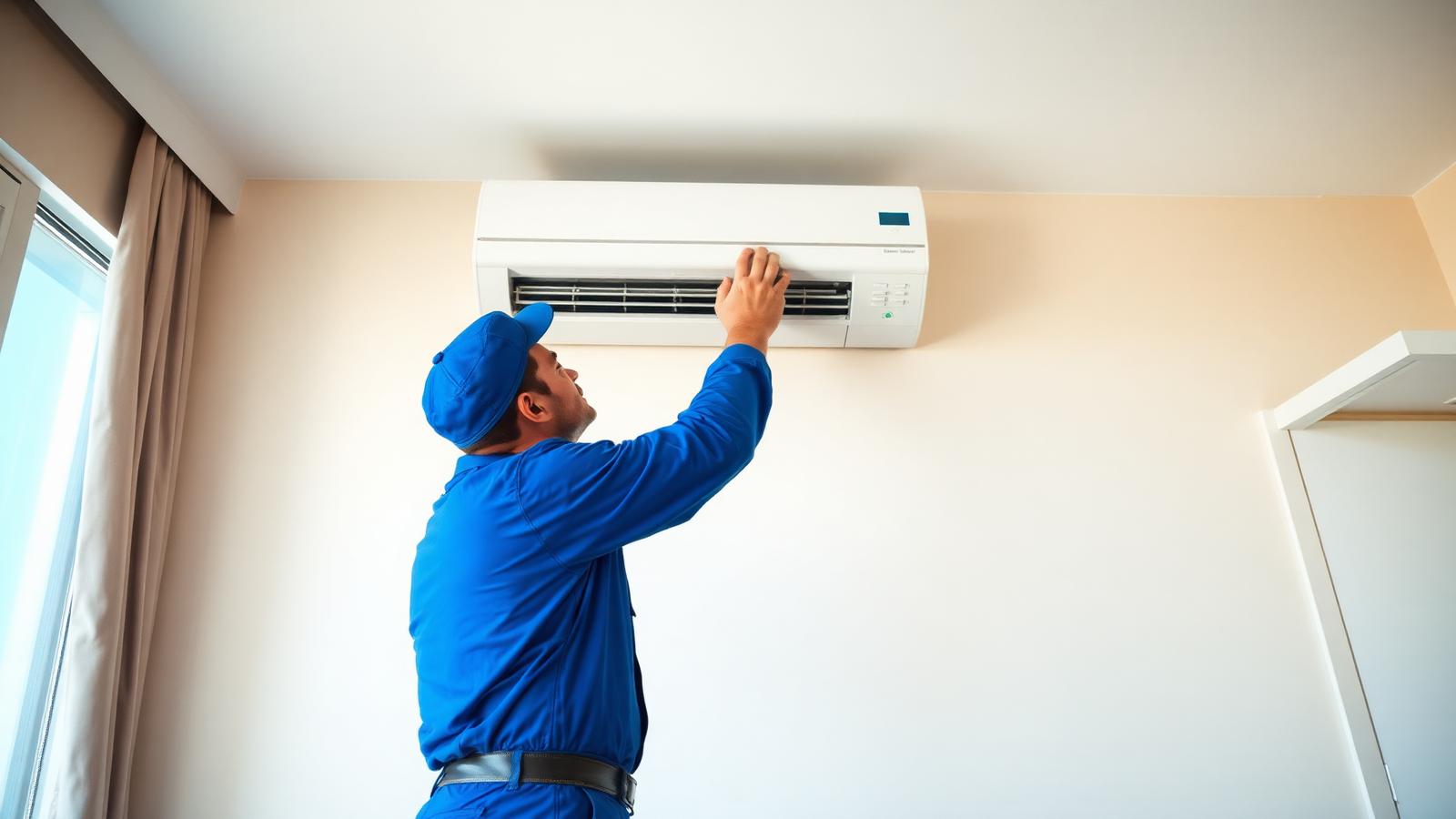 Technician inspecting a split AC indoor unit in a Dubai apartment