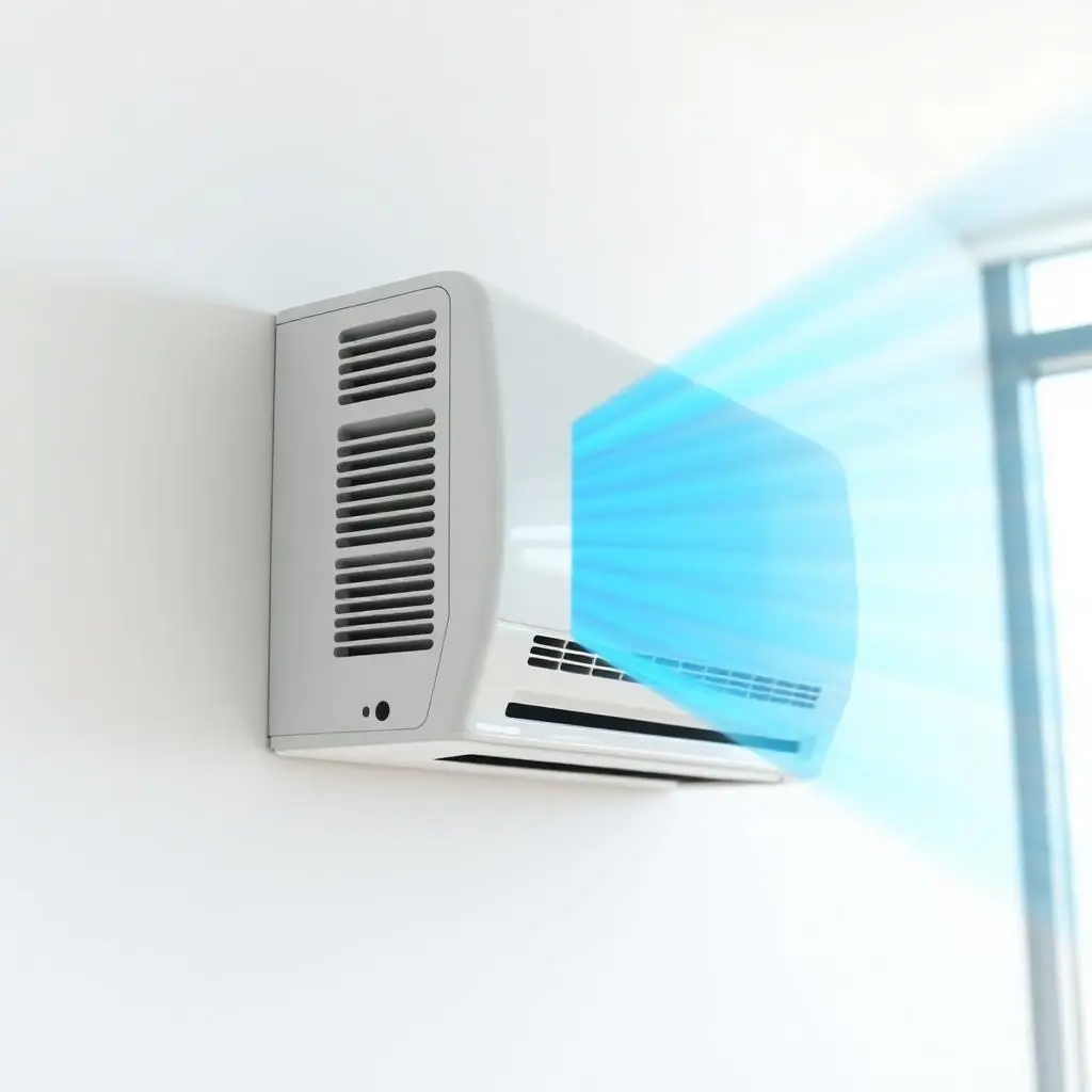 Modern split AC indoor unit blowing cool air in a Dubai apartment