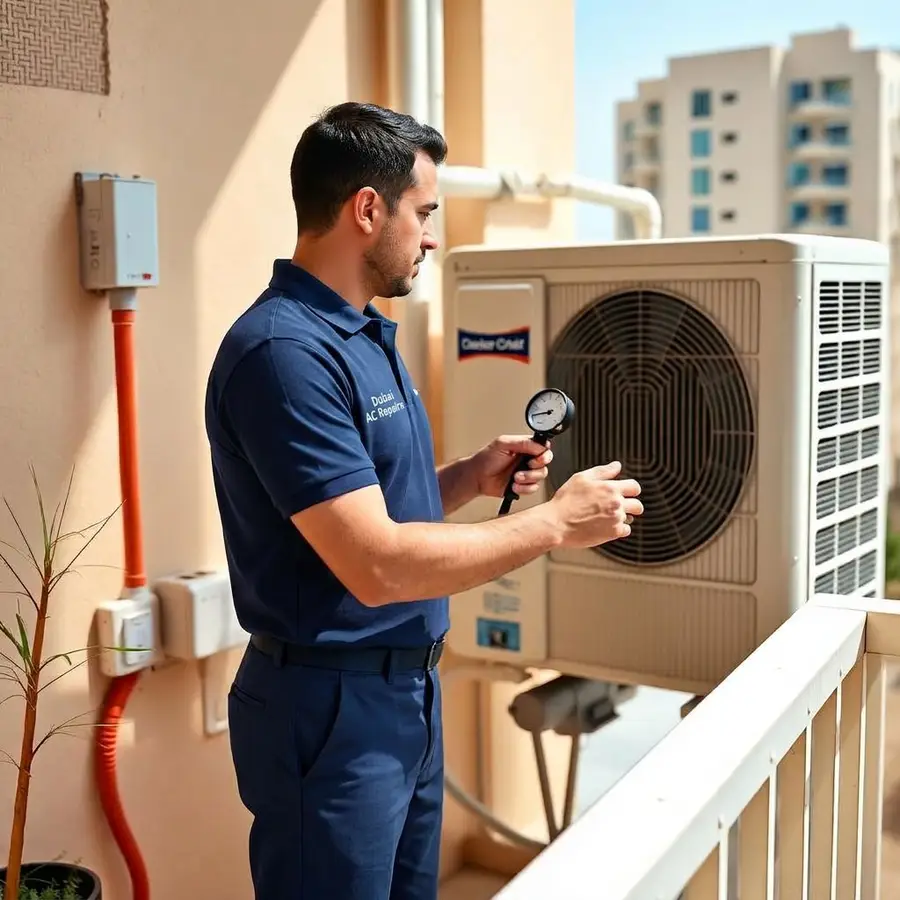 Dubai AC Repairs technician measuring supply air temperature at a split AC indoor unit in Dubai