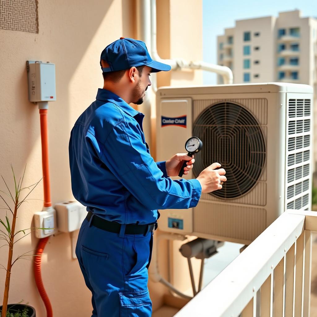 Licensed AC technician diagnosing an outdoor condenser unit with a pressure gauge in Dubai