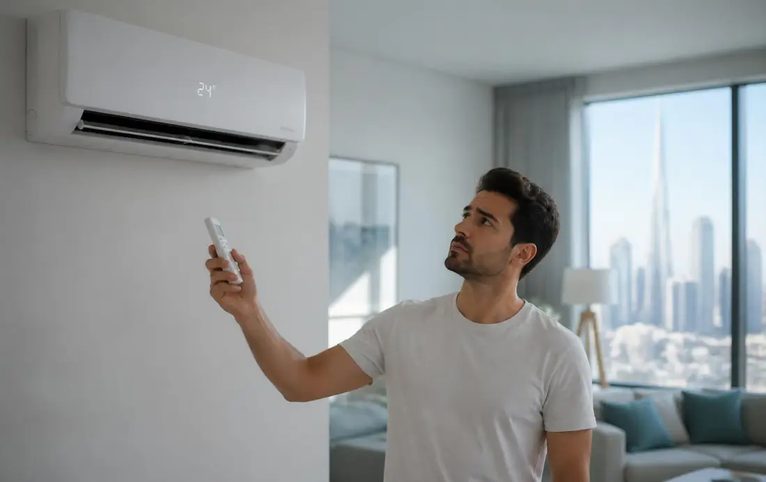 Wall-mounted split AC in a Dubai apartment cycling on and off with a resident nearby