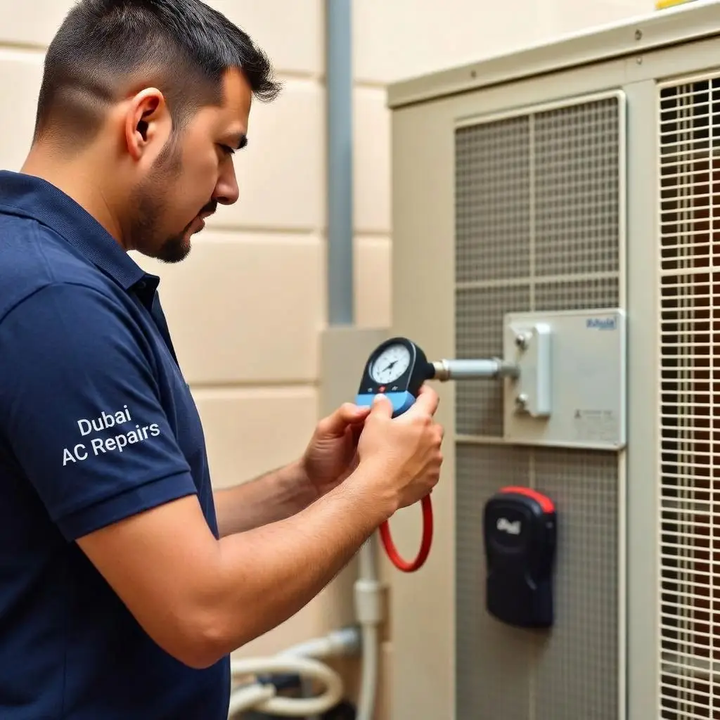 Dubai AC Repairs technician testing refrigerant pressure on an outdoor condenser unit during a short cycling diagnosis in Al Quoz