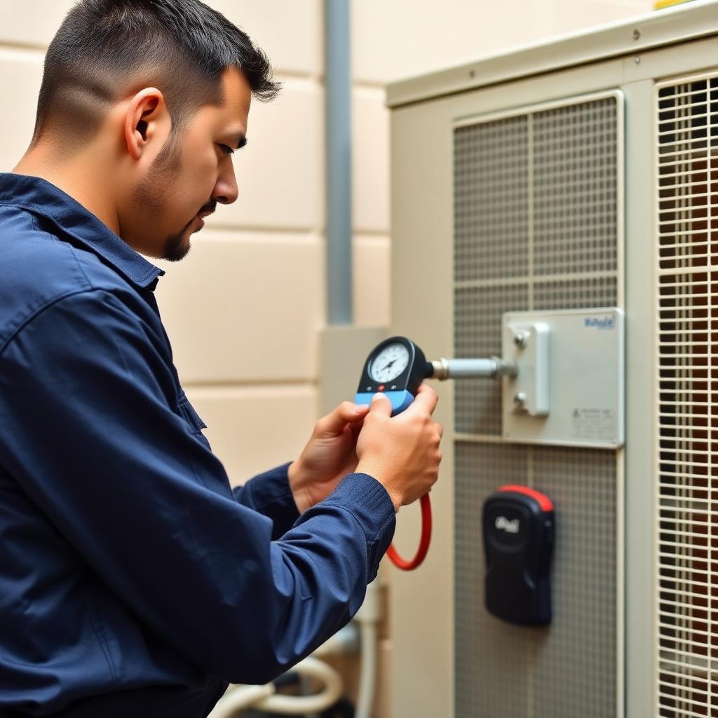Dubai AC Repairs technician testing refrigerant pressure on an outdoor condenser unit during a short cycling diagnosis in Al Quoz