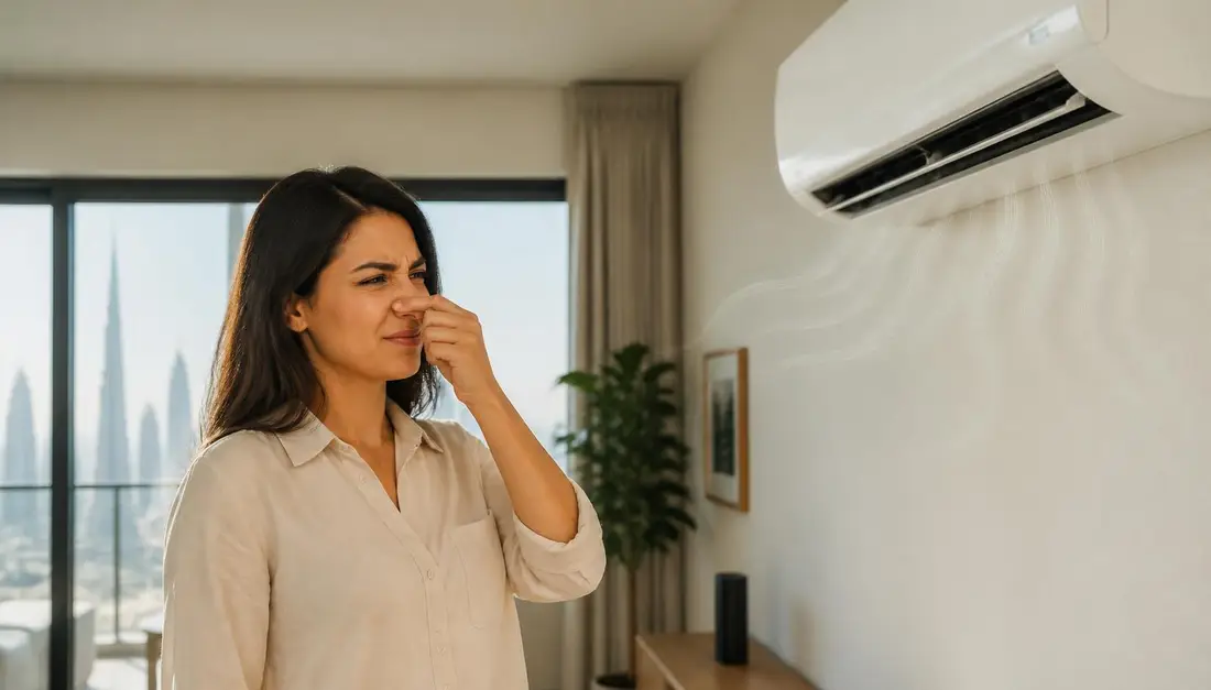 Woman in a Dubai apartment noticing a bad smell coming from a wall-mounted split AC