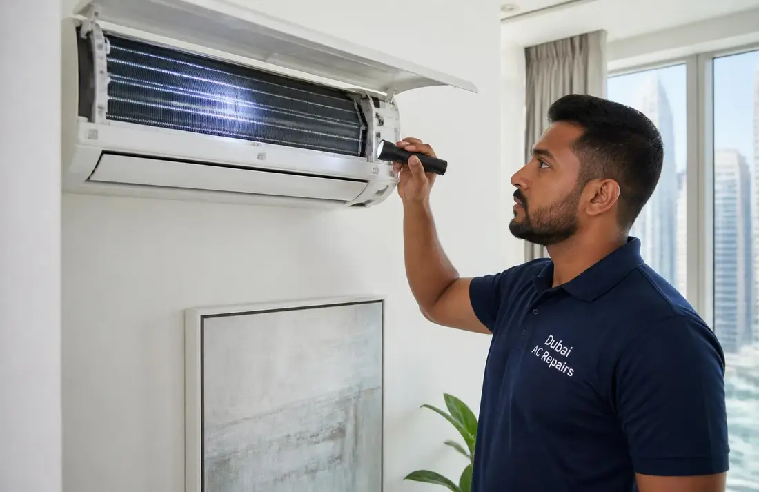 HVAC technician in Dubai cleaning the evaporator coil of an open wall-mounted split AC