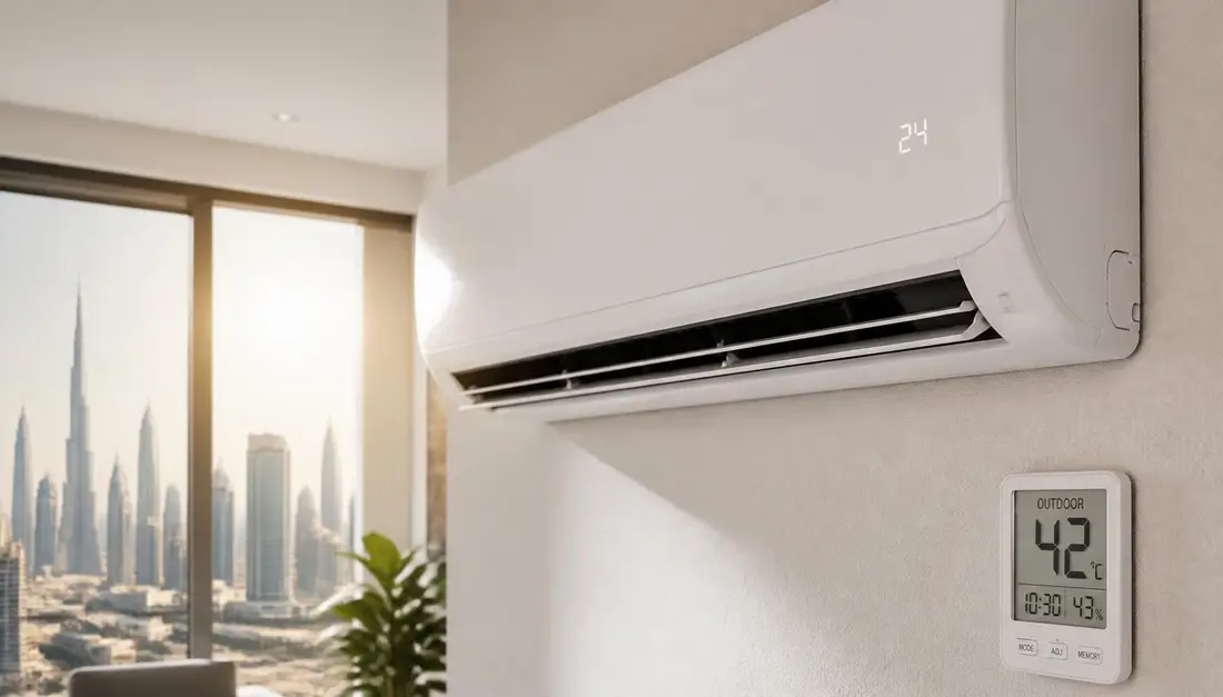Wall-mounted split AC in a Dubai apartment with an outdoor thermometer showing 42°C