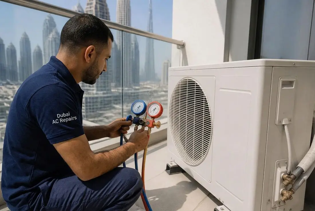 HVAC technician checking refrigerant pressure on the outdoor condenser of a Dubai split AC