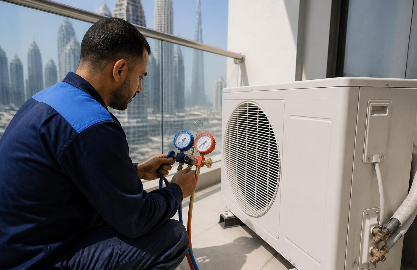 HVAC technician checking refrigerant pressure on the outdoor condenser of a Dubai split AC