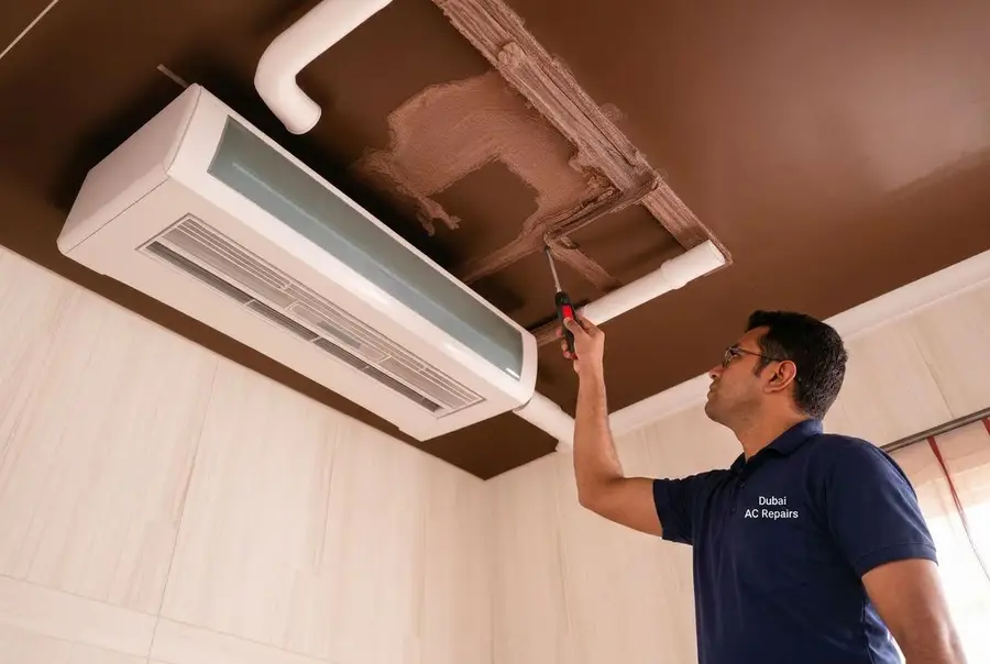 Technician repairing AC drain-line leak in an Al Barsha villa ceiling