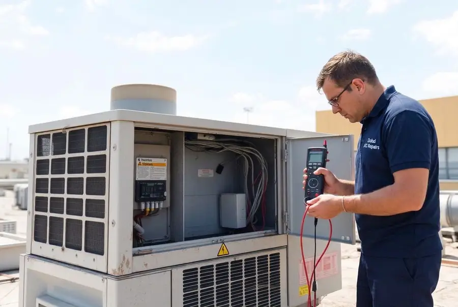 HVAC technician replacing a failed contactor on a rooftop package AC unit in Al Quoz industrial area