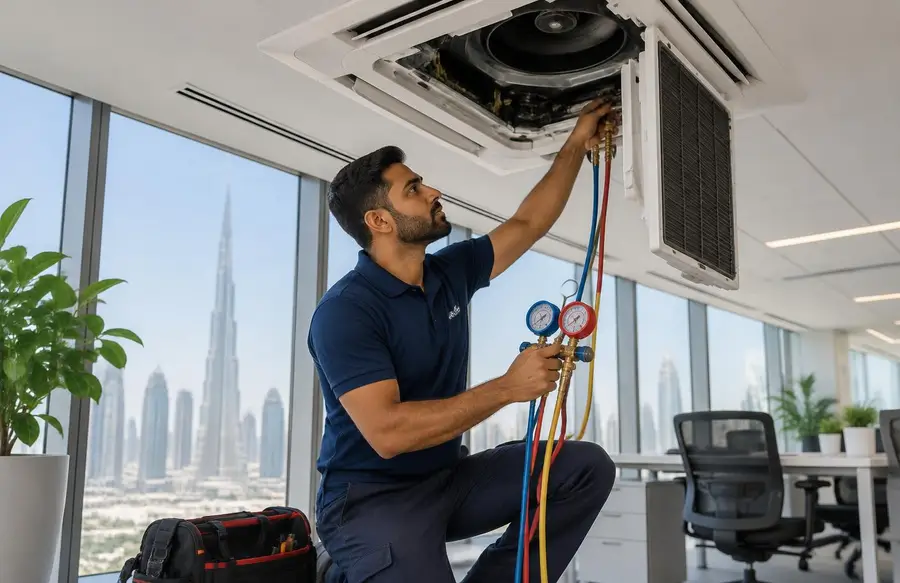 Technician gauging a ceiling cassette AC unit in a Business Bay office in Dubai