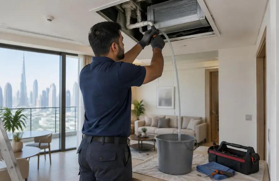 Technician pressure-flushing a fan coil unit condensate drain in a JLT apartment ceiling