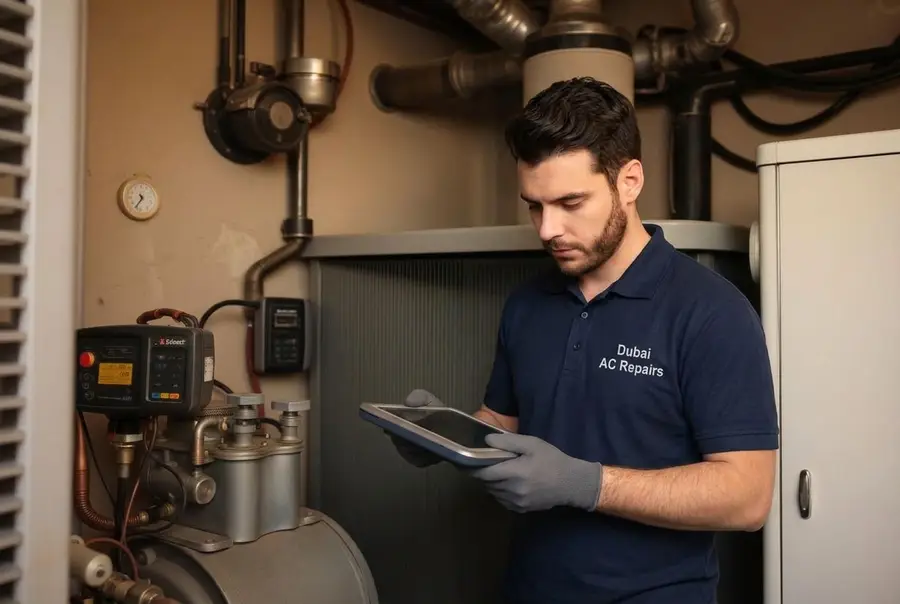 Technician diagnosing older central AC compressor in Jumeirah villa mechanical room