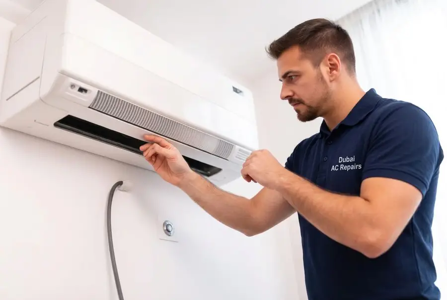 Technician diagnosing split AC drain leak in a new JVC apartment