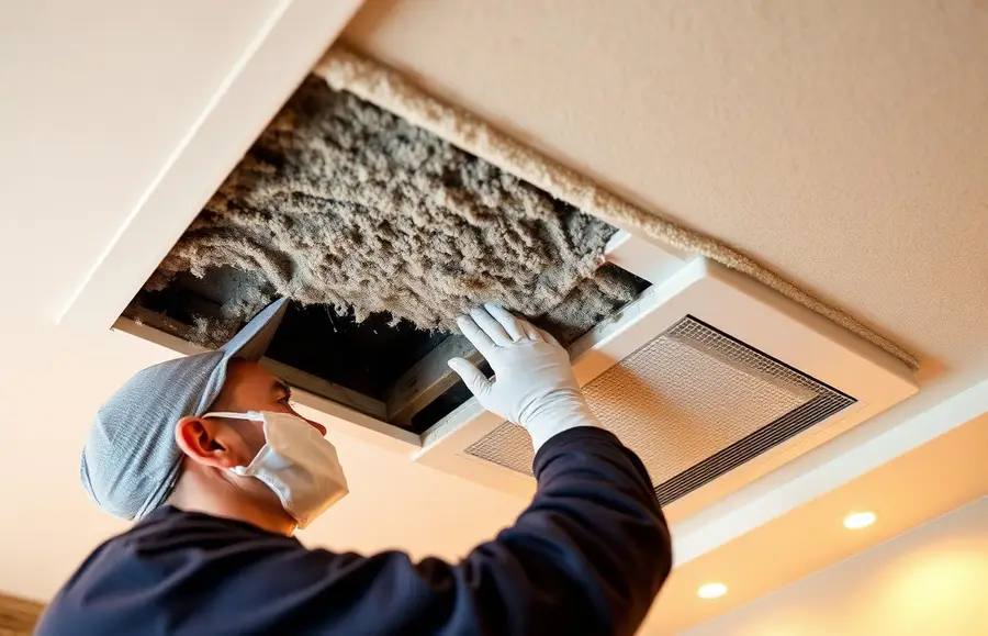 Technician clearing dusty AC duct in a JVT villa ceiling