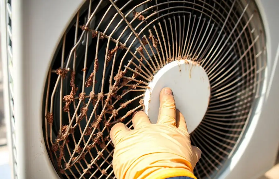 Salt-corroded outdoor AC condenser on a Dubai Marina high-rise being serviced