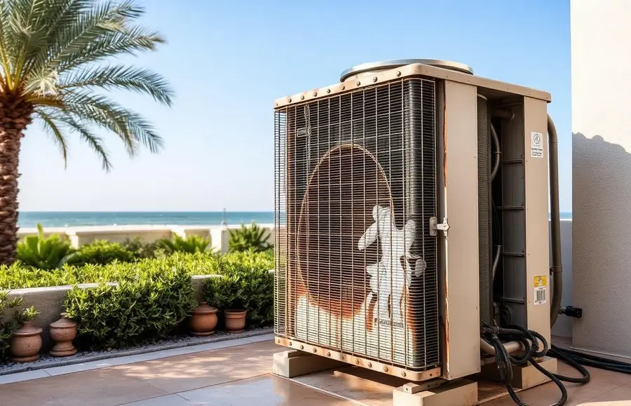 Salt-corroded outdoor AC condenser at a Palm Jumeirah beachfront villa being cleaned