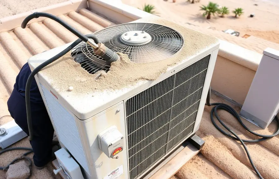 Dusty rooftop AC condenser at an Arabian Ranches villa being deep-cleaned