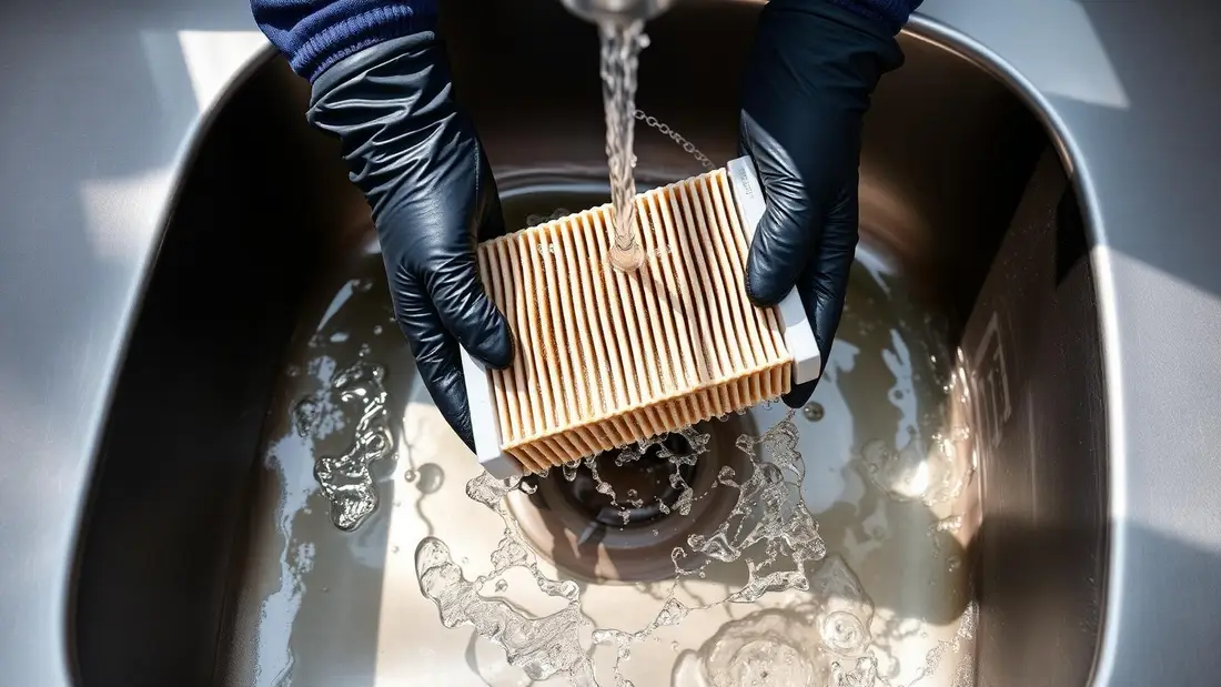 Close-up of a dust-clogged air conditioner filter being cleaned