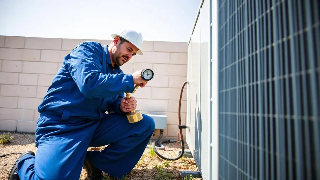 HVAC technician charging refrigerant into a split AC outdoor unit