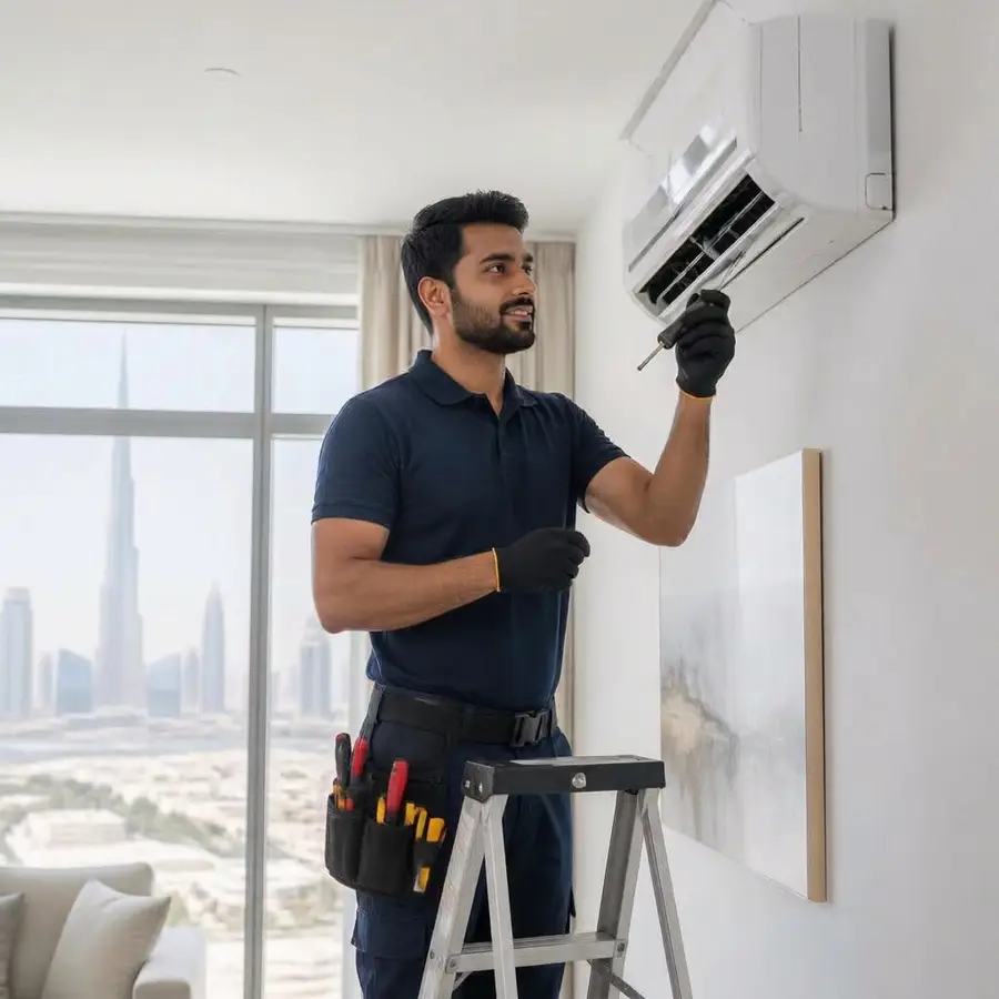 Modern wall-mounted split AC indoor unit in a Dubai apartment living room