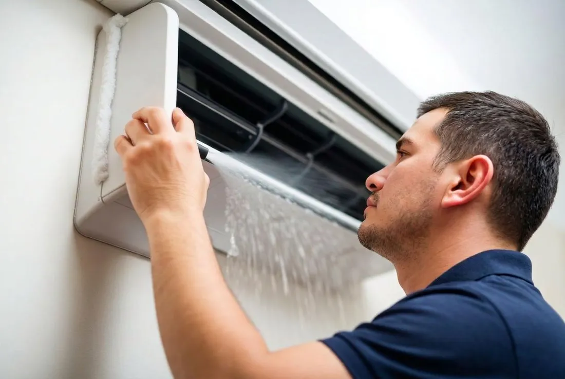 Technician cleaning an open air conditioning unit in Dubai Technician cleaning an open air conditioning unit in Dubai