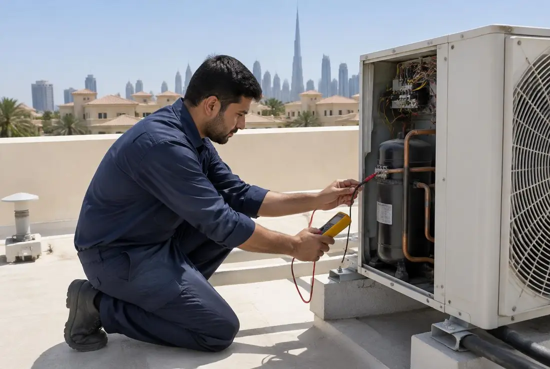 HVAC technician testing the compressor of an outdoor split AC condenser unit on a Dubai villa rooftop with a multimeter HVAC technician testing the compressor of an outdoor split AC condenser unit on a Dubai villa rooftop with a multimeter