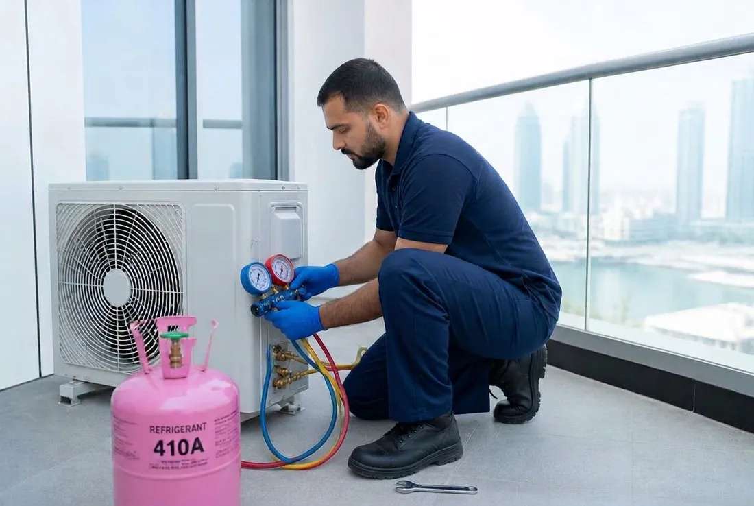 Technician connecting refrigerant gauges to an outdoor air conditioning unit Technician connecting refrigerant gauges to an outdoor air conditioning unit