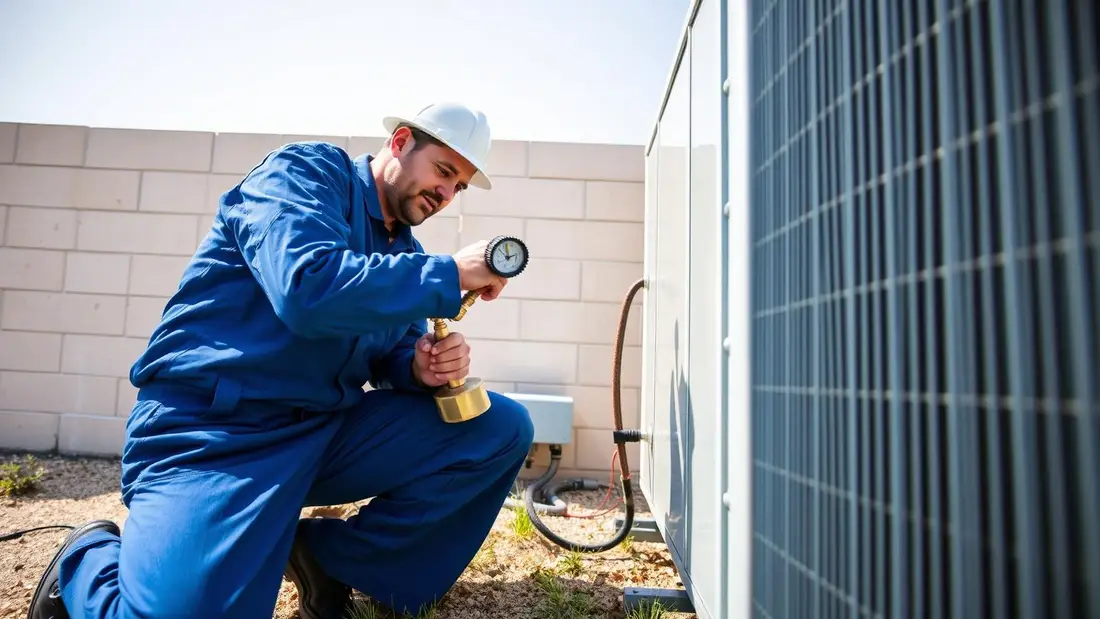 HVAC technician charging refrigerant into a split AC outdoor unit