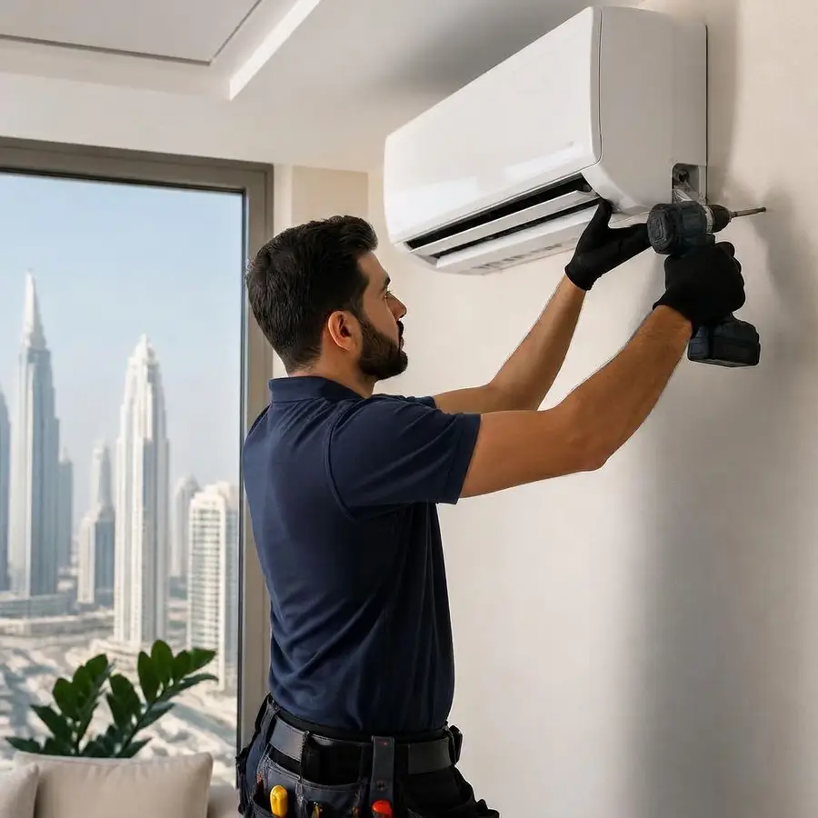 Certified HVAC installer mounting a new split AC indoor unit in a Dubai apartment Certified HVAC installer mounting a new split AC indoor unit in a Dubai apartment