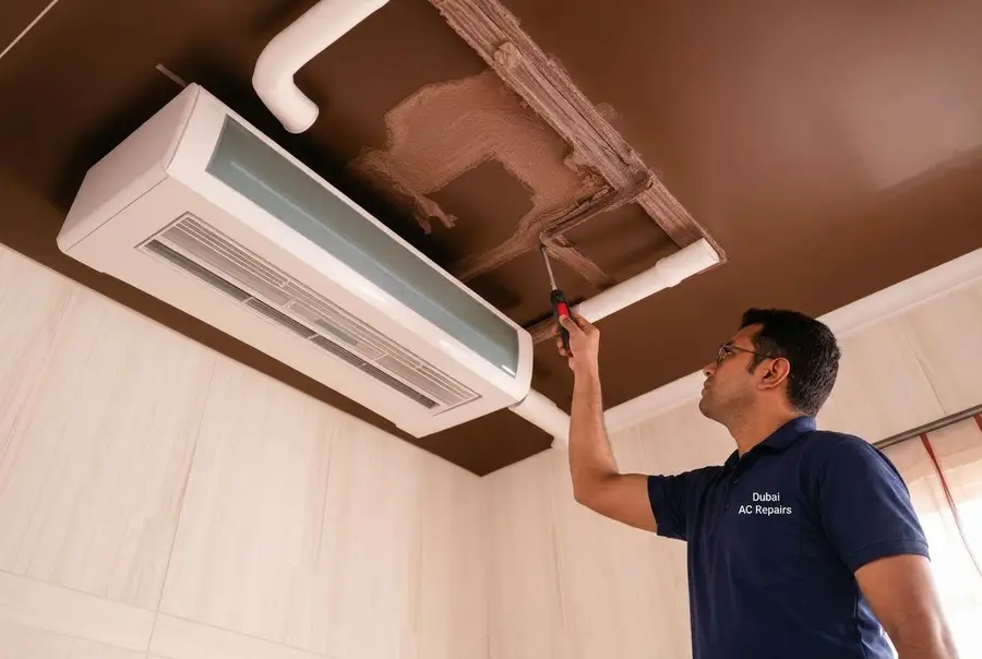 Technician repairing AC drain-line leak in an Al Barsha villa ceiling