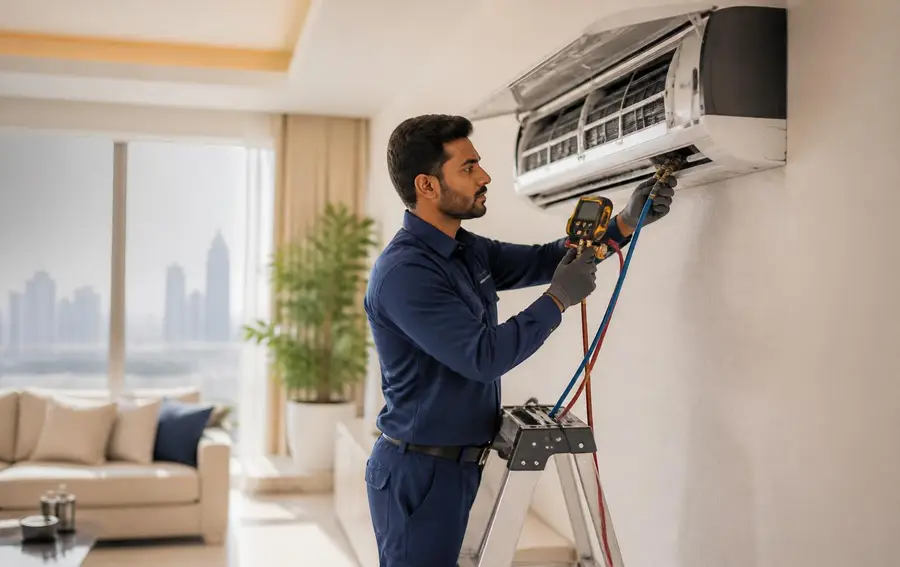 HVAC technician servicing AC in an Al Barsha villa on a bright Dubai residential street HVAC technician servicing AC in an Al Barsha villa on a bright Dubai residential street