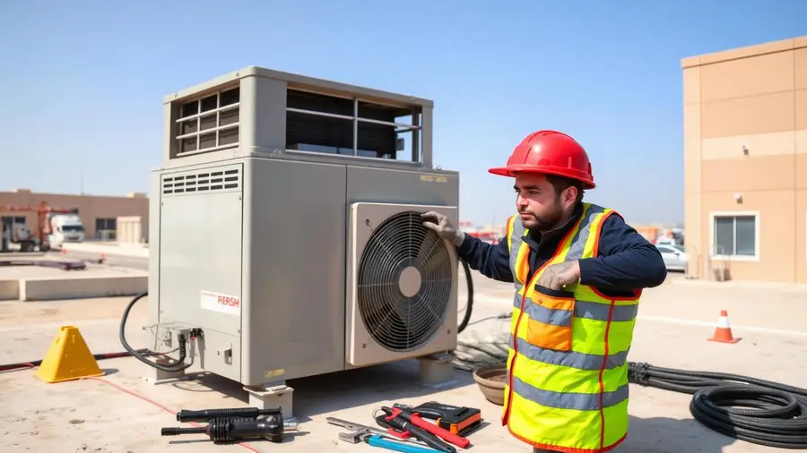 HVAC technician servicing a commercial rooftop package AC unit in an Al Quoz warehouse district HVAC technician servicing a commercial rooftop package AC unit in an Al Quoz warehouse district