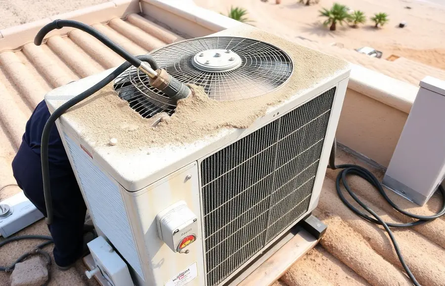 Dusty rooftop AC condenser at an Arabian Ranches villa being deep-cleaned