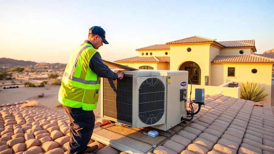 HVAC technician servicing rooftop AC condenser at an Arabian Ranches villa at golden hour HVAC technician servicing rooftop AC condenser at an Arabian Ranches villa at golden hour
