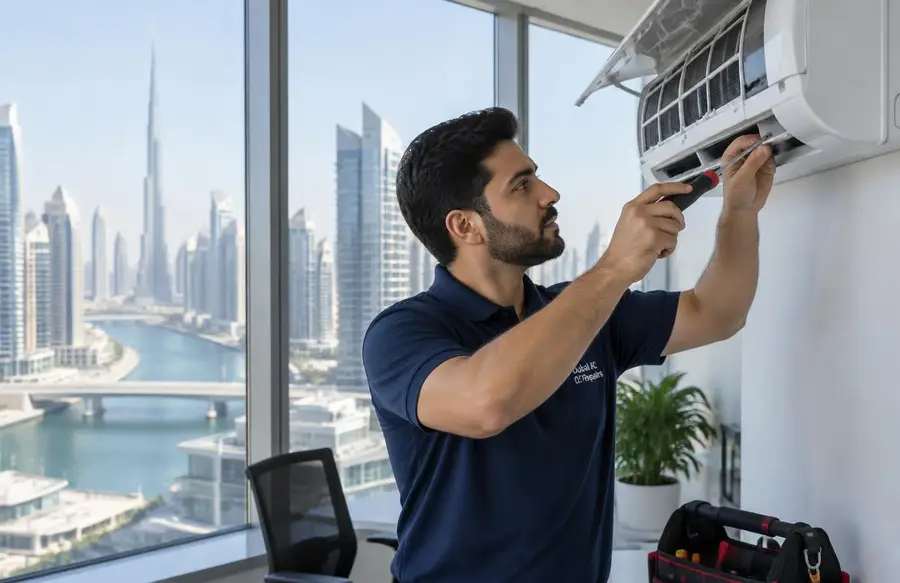 Dubai AC Repairs technician servicing a split AC in a Business Bay office tower with the Dubai Canal behind Dubai AC Repairs technician servicing a split AC in a Business Bay office tower with the Dubai Canal behind