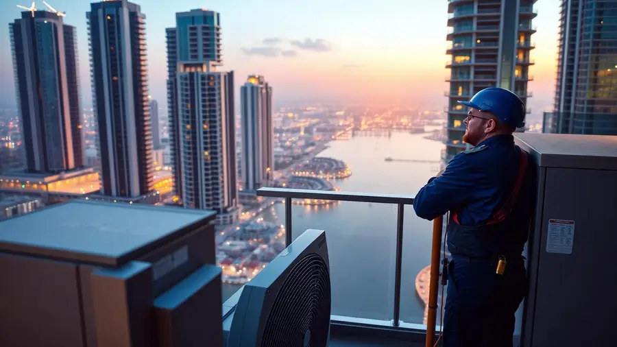 HVAC technician servicing an outdoor AC condenser on a Dubai Marina high-rise balcony HVAC technician servicing an outdoor AC condenser on a Dubai Marina high-rise balcony