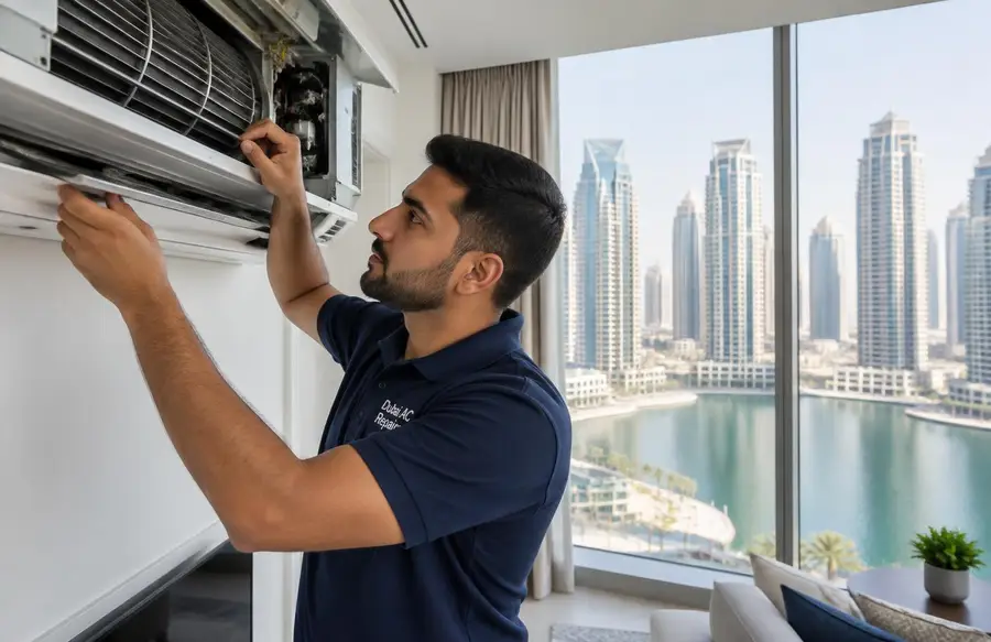 Dubai AC Repairs technician servicing a fan coil unit in a JLT apartment with Jumeirah Lake Towers behind Dubai AC Repairs technician servicing a fan coil unit in a JLT apartment with Jumeirah Lake Towers behind