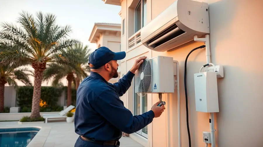 HVAC technician servicing central AC condenser at a luxury Jumeirah villa with palm trees HVAC technician servicing central AC condenser at a luxury Jumeirah villa with palm trees