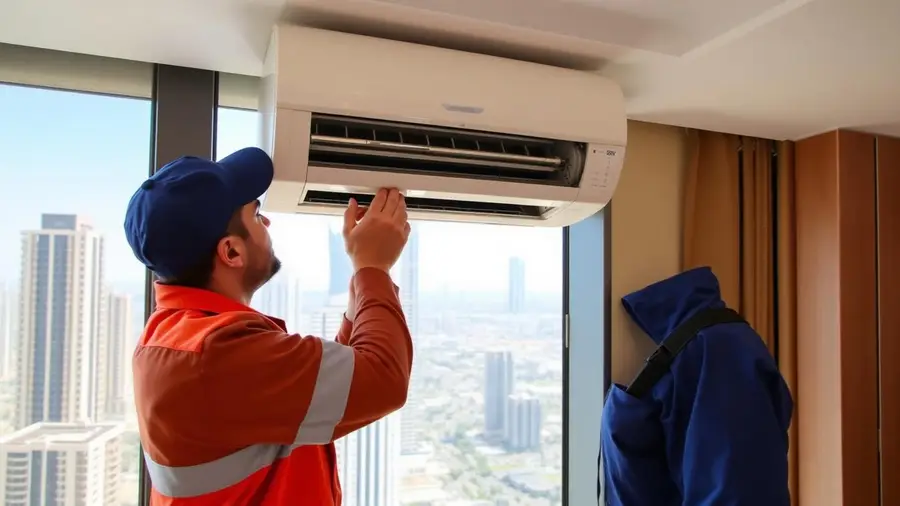Technician servicing split AC in a JVC apartment tower with Dubai skyline behind Technician servicing split AC in a JVC apartment tower with Dubai skyline behind